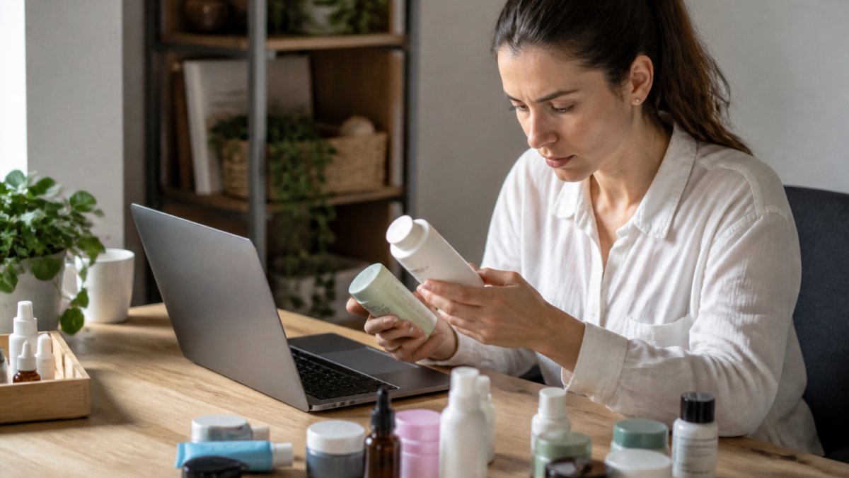 Person sitting at a desk with a laptop and skincare products spread out, carefully reading product labels and comparing ingredients on the screen and bottles