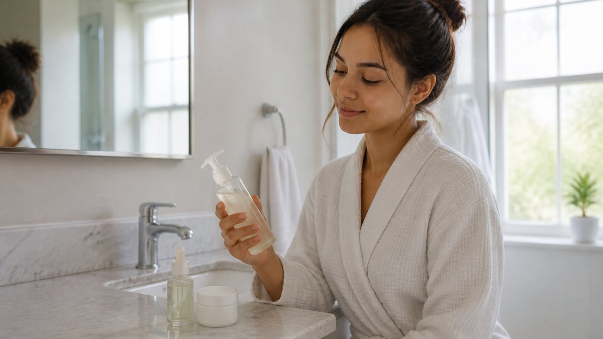 Infographic showing the three essential steps of a simple skincare routine at a bathroom sink